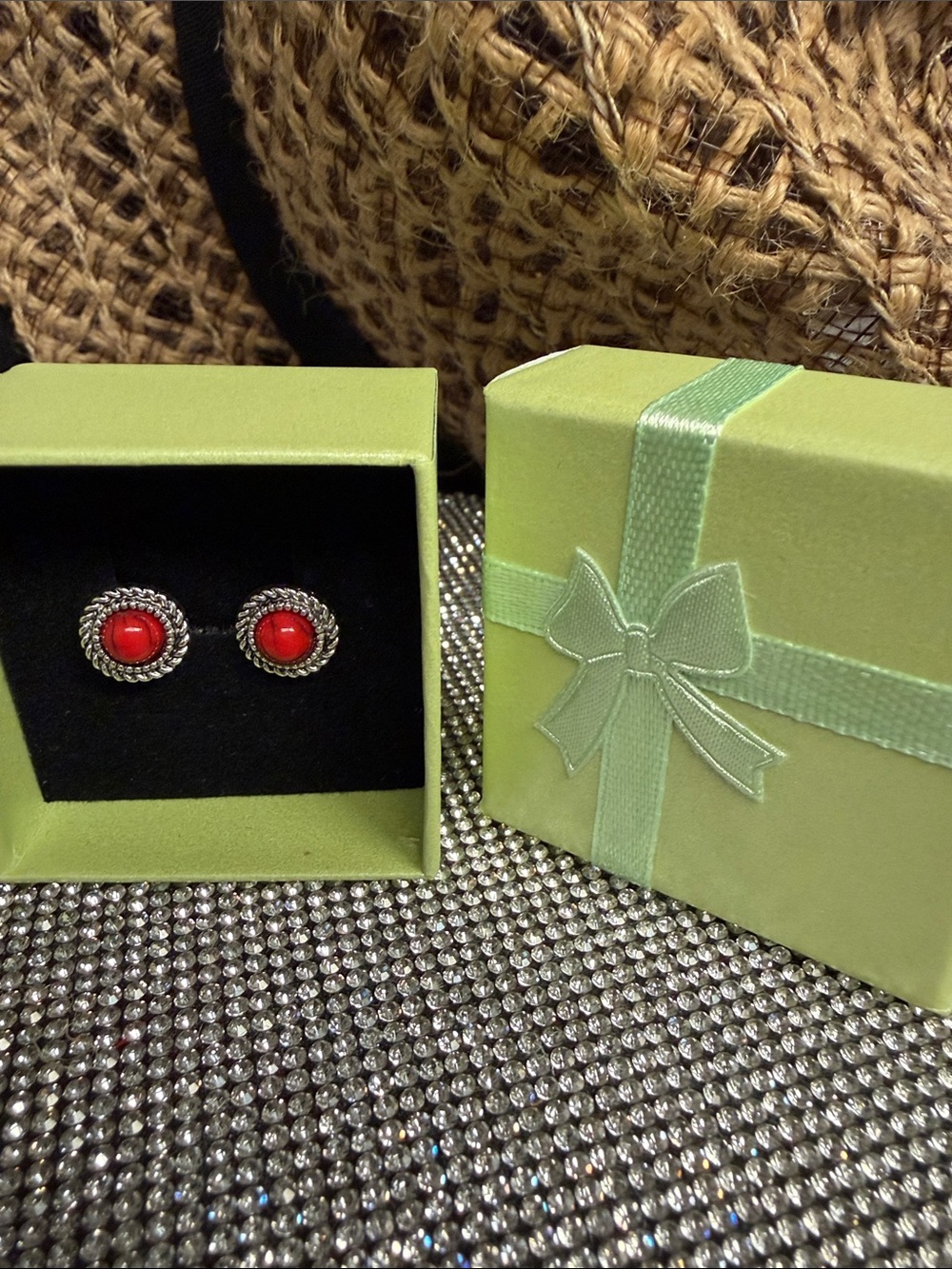 Sterling Silver Red Cabochon Rope-Edge Stud Earrings
